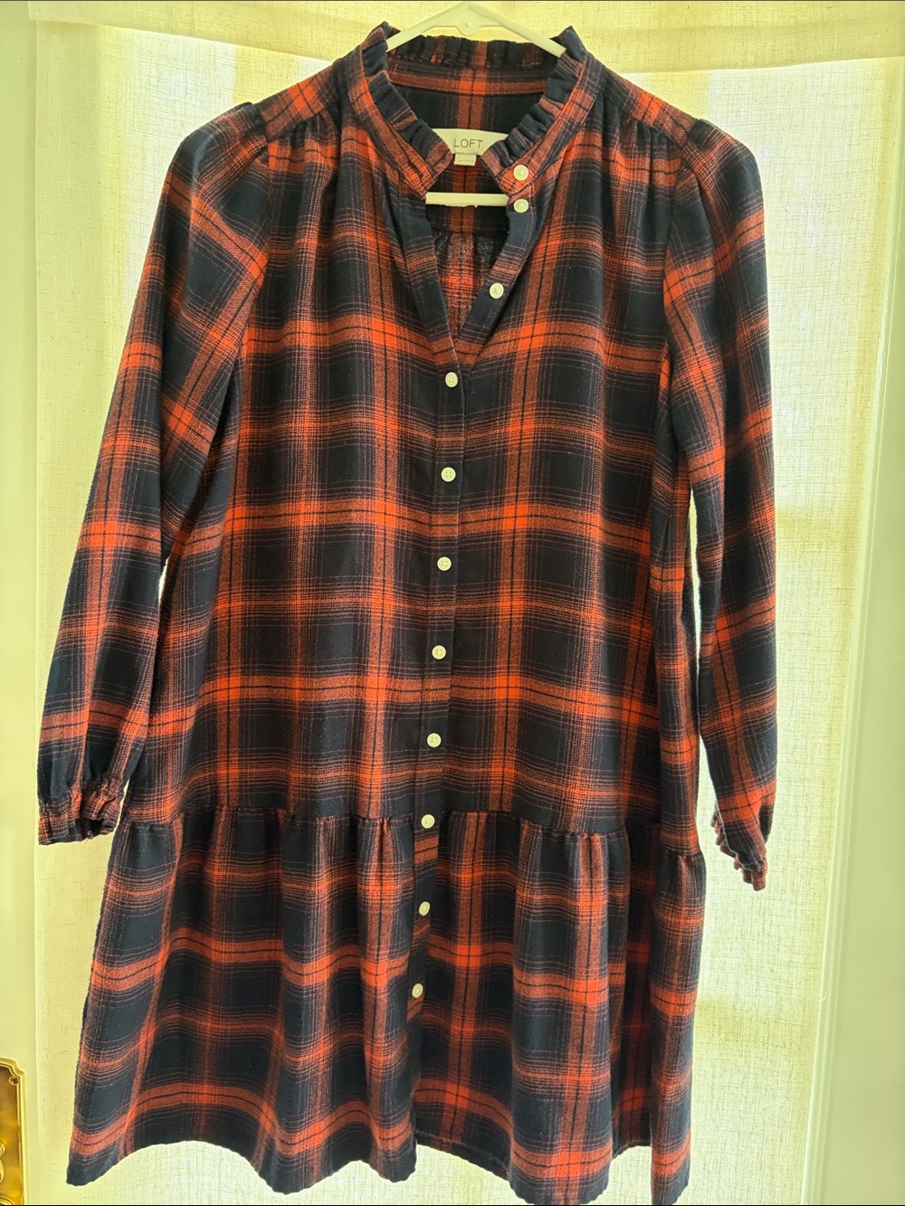 LOFT Girls' Navy  and Red Plaid Button-Front Dress